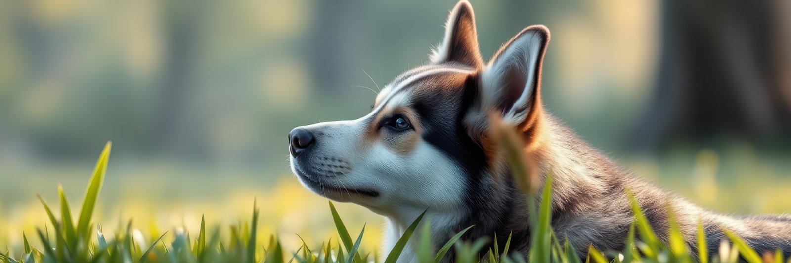 Siberian husky relaxing in sunlight on a grassy field during a warm afternoon